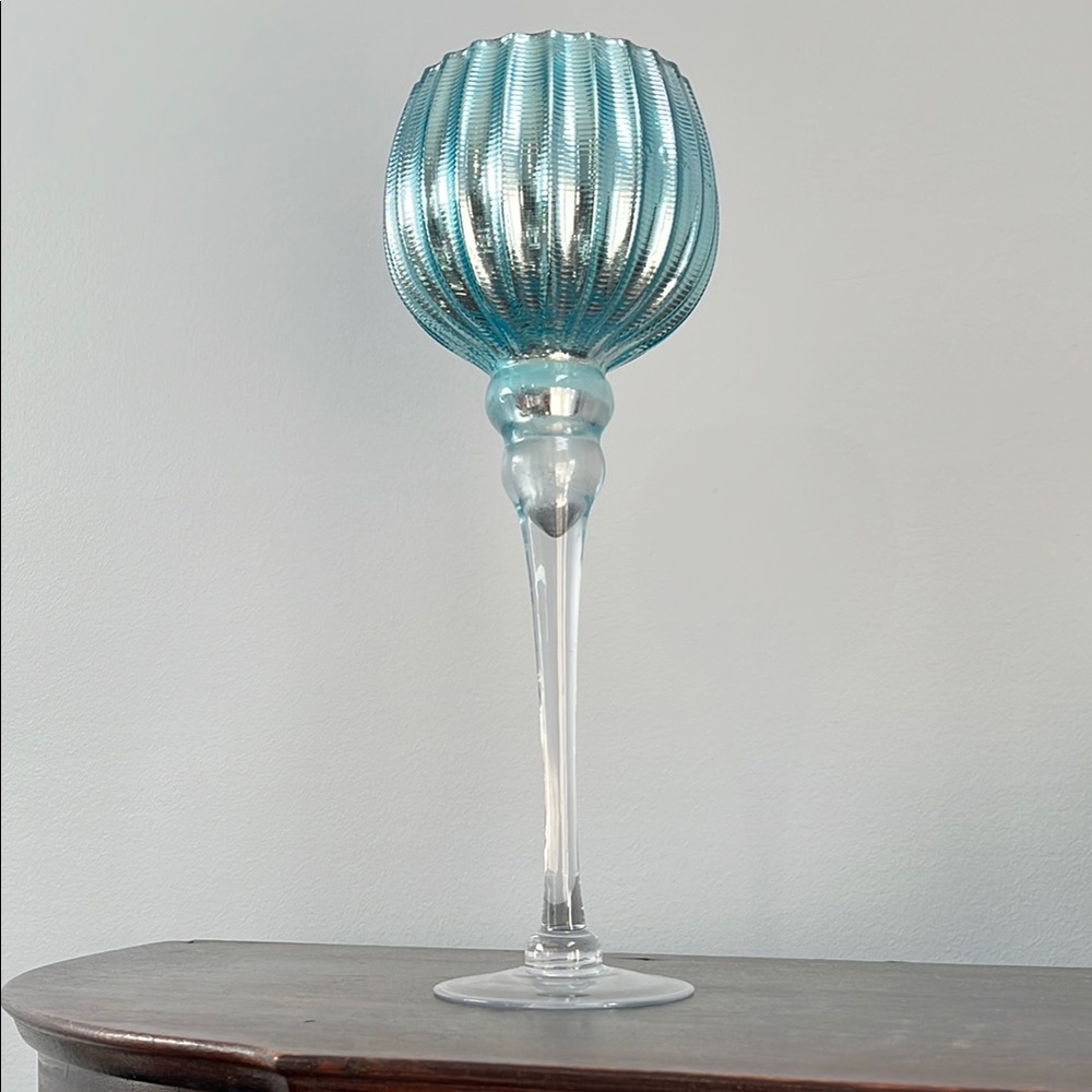 Elegant Blue Teal Glass Goblet Candle Holder